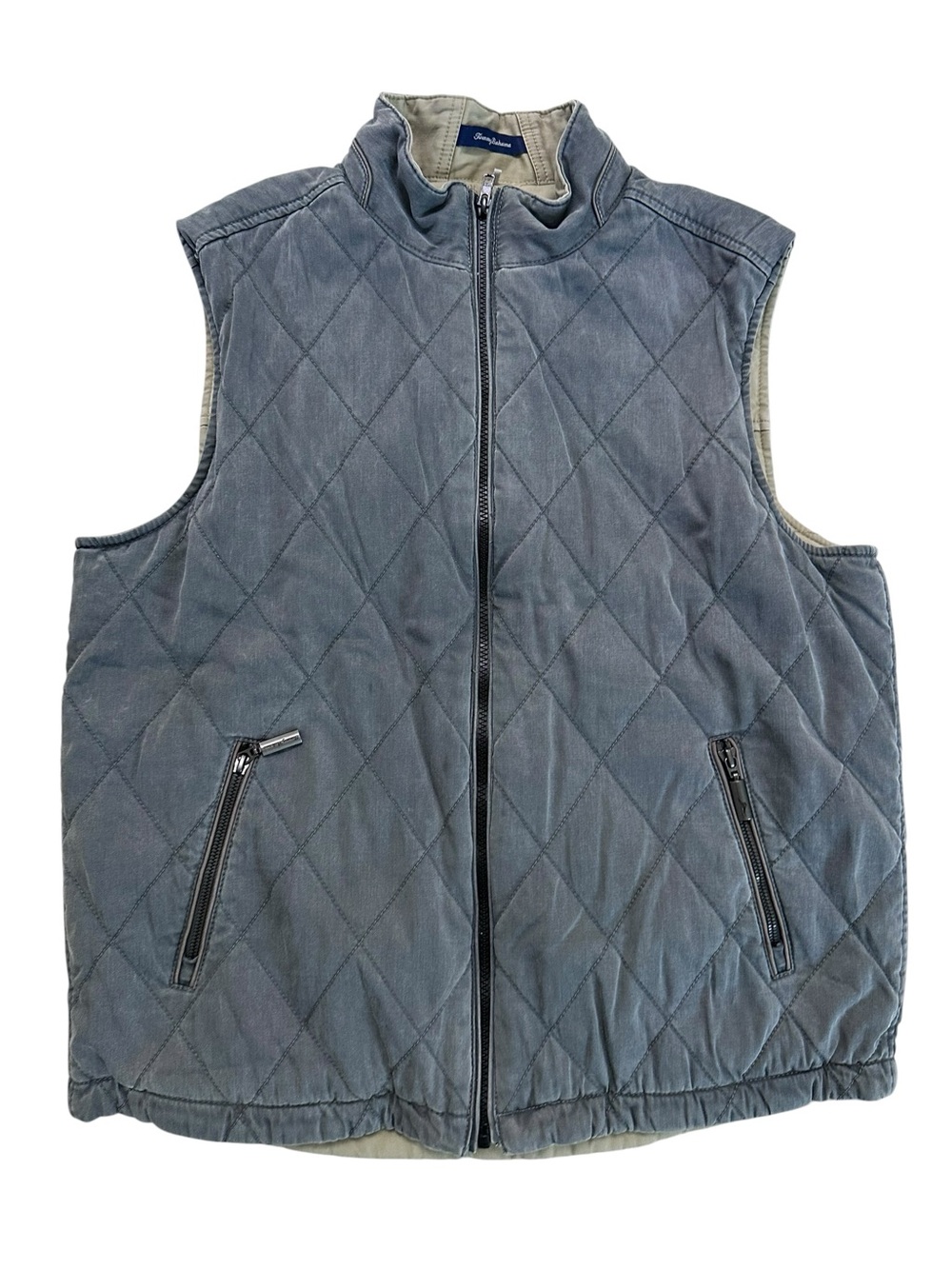 Tommy Bahama Reversible Quilted Vest Blue Gray Khaki Full Zip Pockets L